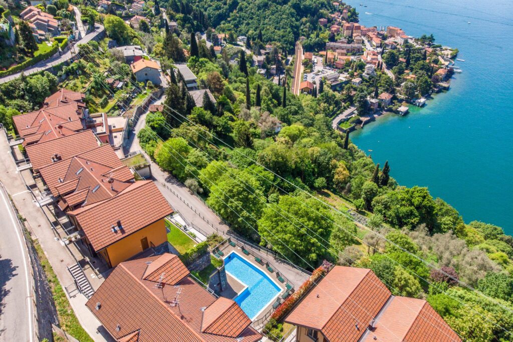 aerial drone views of Varenna, Lake Como