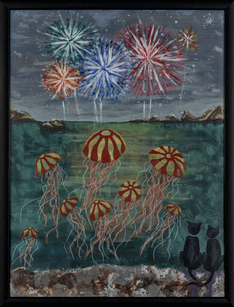 Cats watching jellyfish and fireworks at night Cats watching jellyfish and fireworks at night