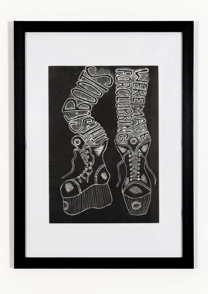 Artwork featuring boots with text design. Artwork featuring boots with text design.