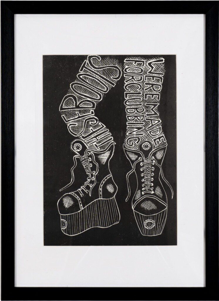 Artwork featuring boots with text design by Paignton artist and illustrator Frances Mason.